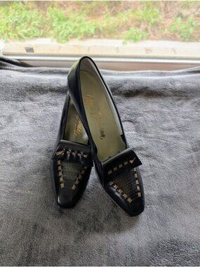 Vintage 1950's Miss Dickerson Black Leather Low Heel Square Toe Heels - 8AA